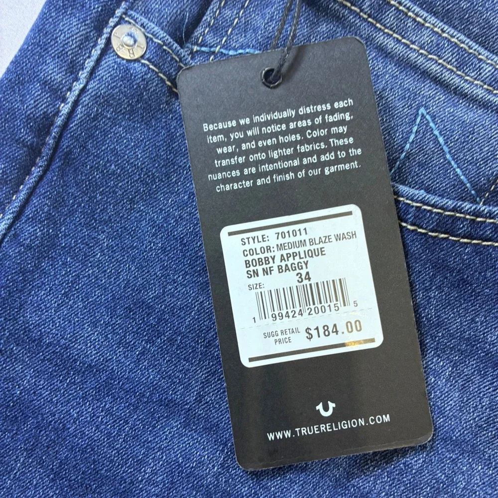 True Religion Bobby Relaxed Baggy Jean Medium Blaze Wash TR Applique Mens 34 NEW